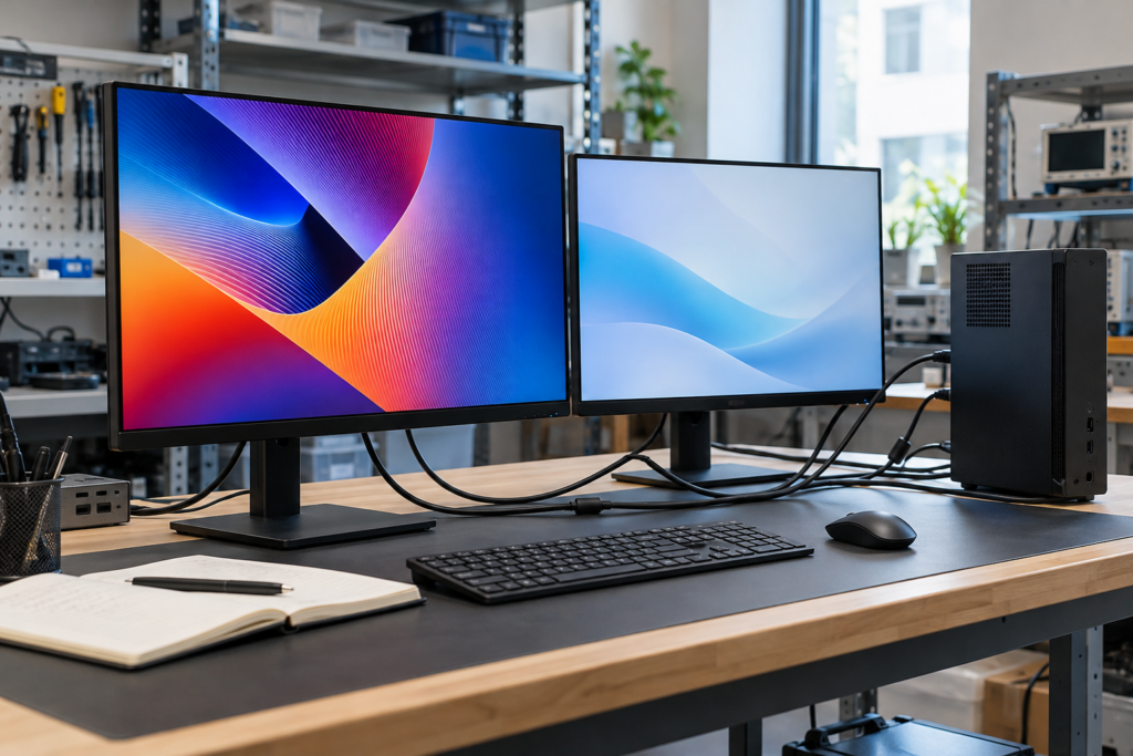 Illustrative AV test bench with a workstation and two displays