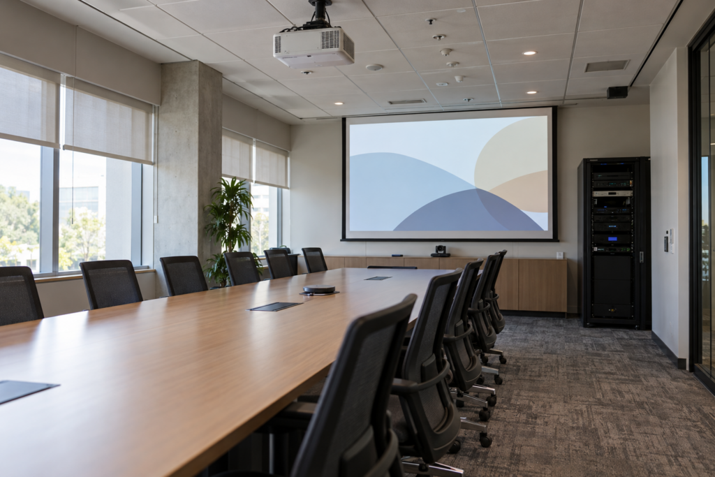 Conference room with a ceiling-mounted projector and AV equipment rack